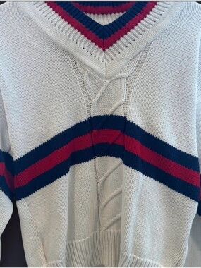 White, Preppy V-neck Cable Knit Sweater with Navy & Red Stripes